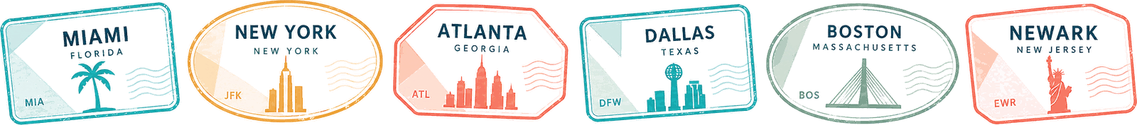 Travel stamps from Miami, New York, Atlanta, Dallas, Boston and Newark